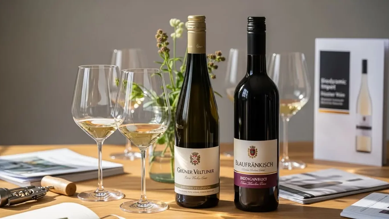 Vinhos Grüner Veltliner e Blaufränkisch sob a mesa ao lado de taças e folhetos de vinhos
